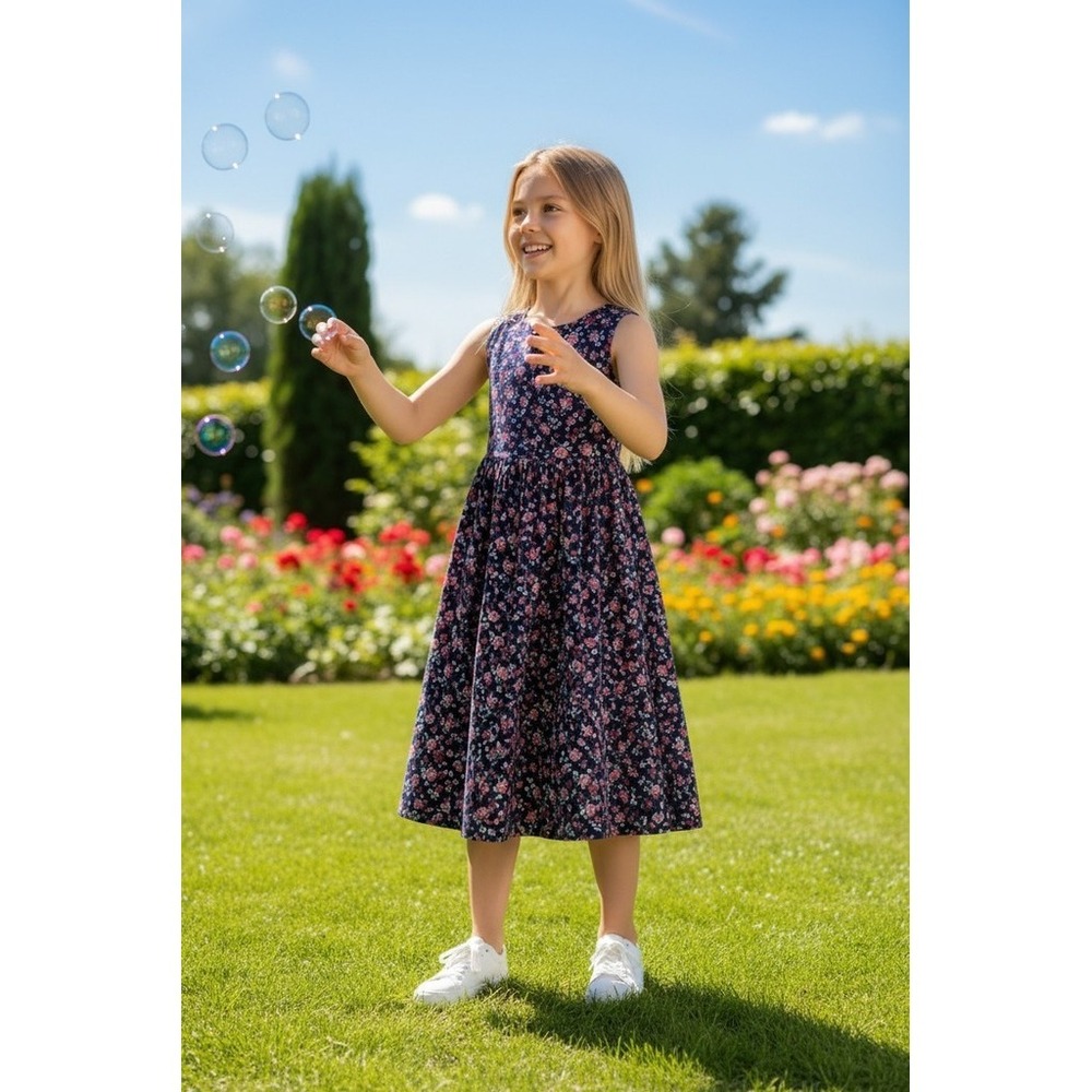 Handmade Girls Navy Pink Floral Cottagecore Sleeveless Dress Size 6